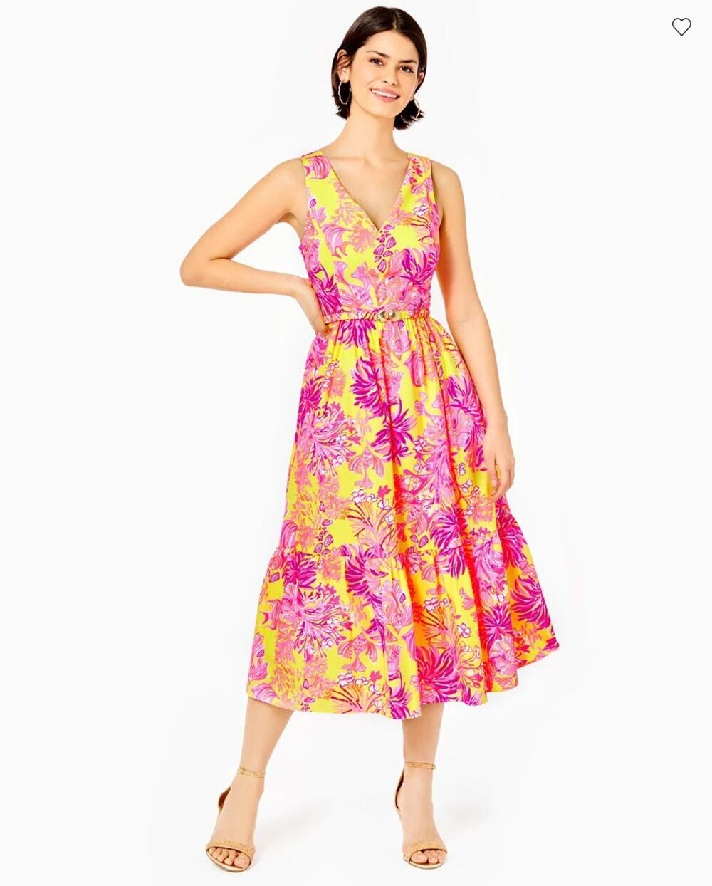 Lilly Pulitzer Bri Calla Pink Yellow Floral Wrap Midi Dress Large